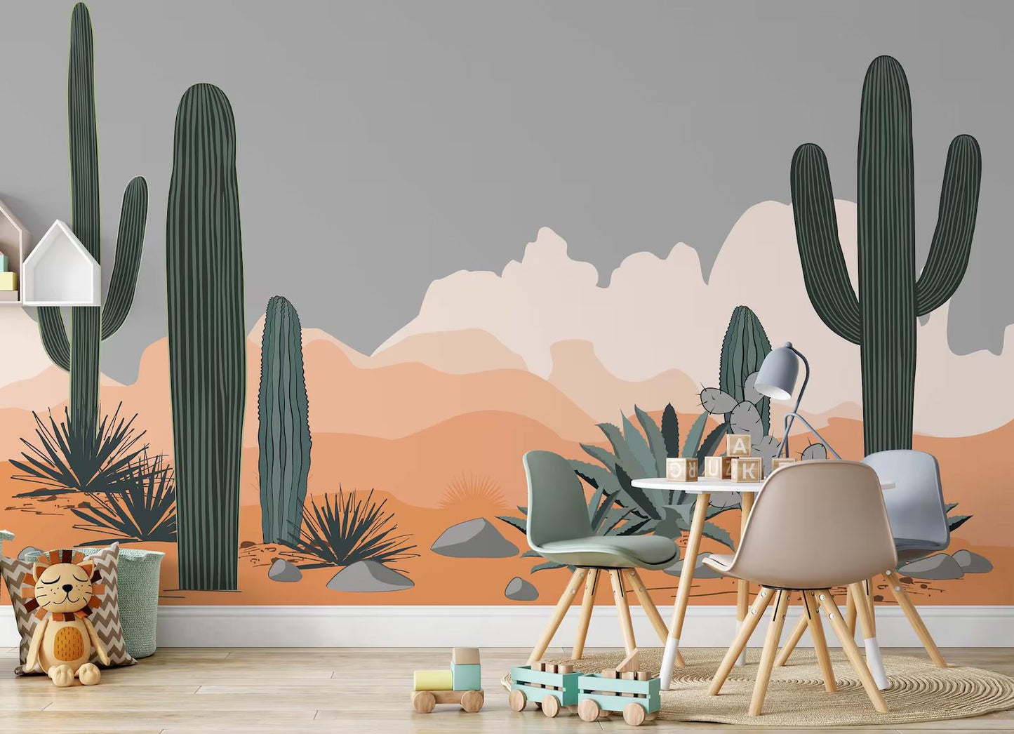 Cactuses in the Desert Wallpaper, Desert Sunset Illustration Wallpaper, Cactus Garden Wallpaper, Modern  Abstract Pattern Wallpaper