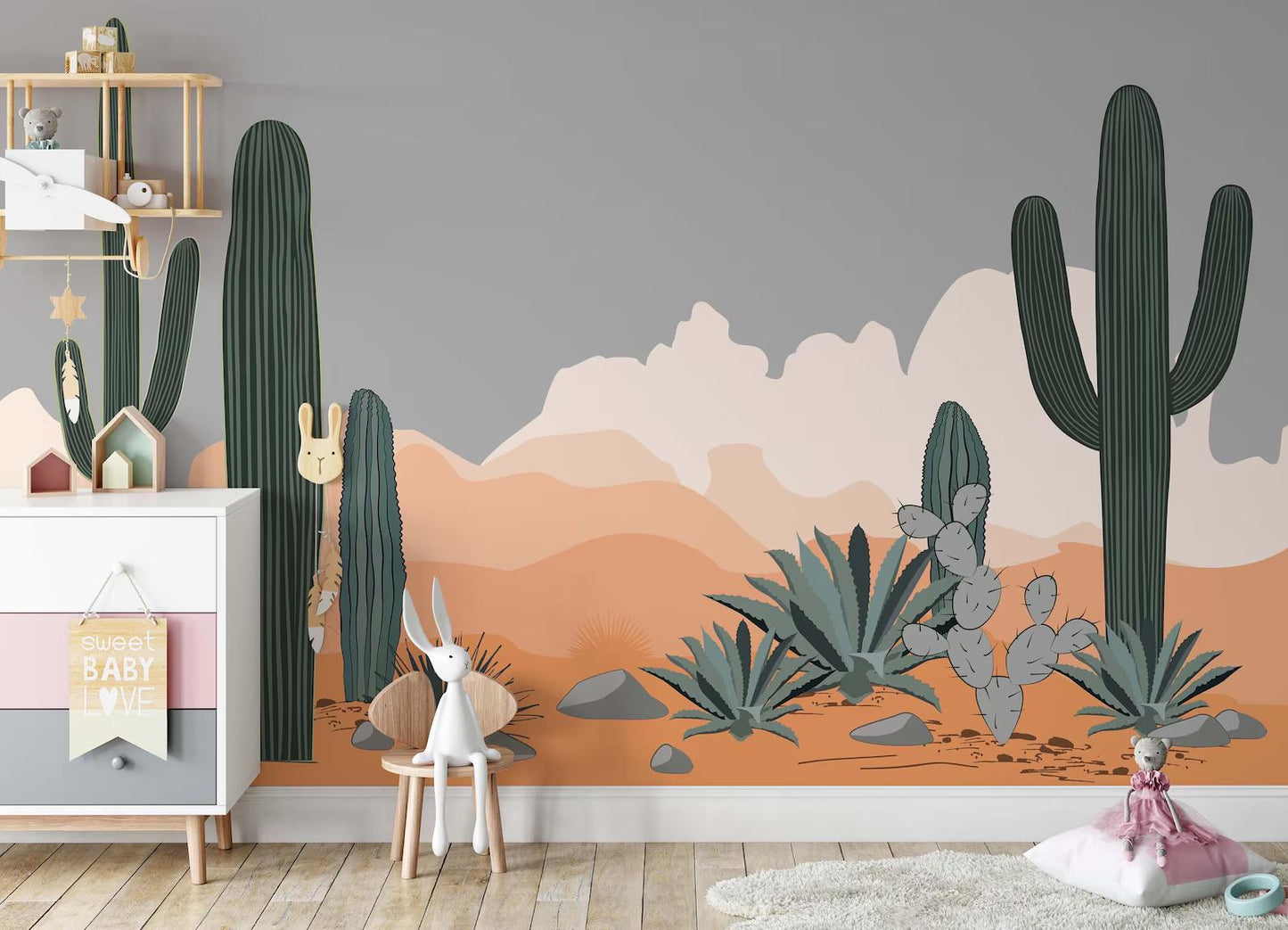 Cactuses in the Desert Wallpaper, Desert Sunset Illustration Wallpaper, Cactus Garden Wallpaper, Modern  Abstract Pattern Wallpaper