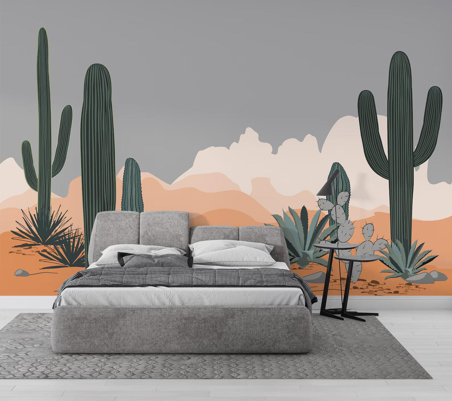Cactuses in the Desert Wallpaper, Desert Sunset Illustration Wallpaper, Cactus Garden Wallpaper, Modern  Abstract Pattern Wallpaper