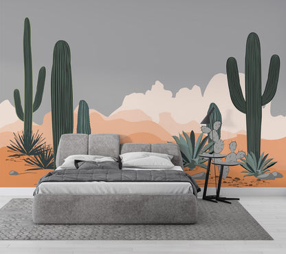 Cactuses in the Desert Wallpaper, Desert Sunset Illustration Wallpaper, Cactus Garden Wallpaper, Modern  Abstract Pattern Wallpaper