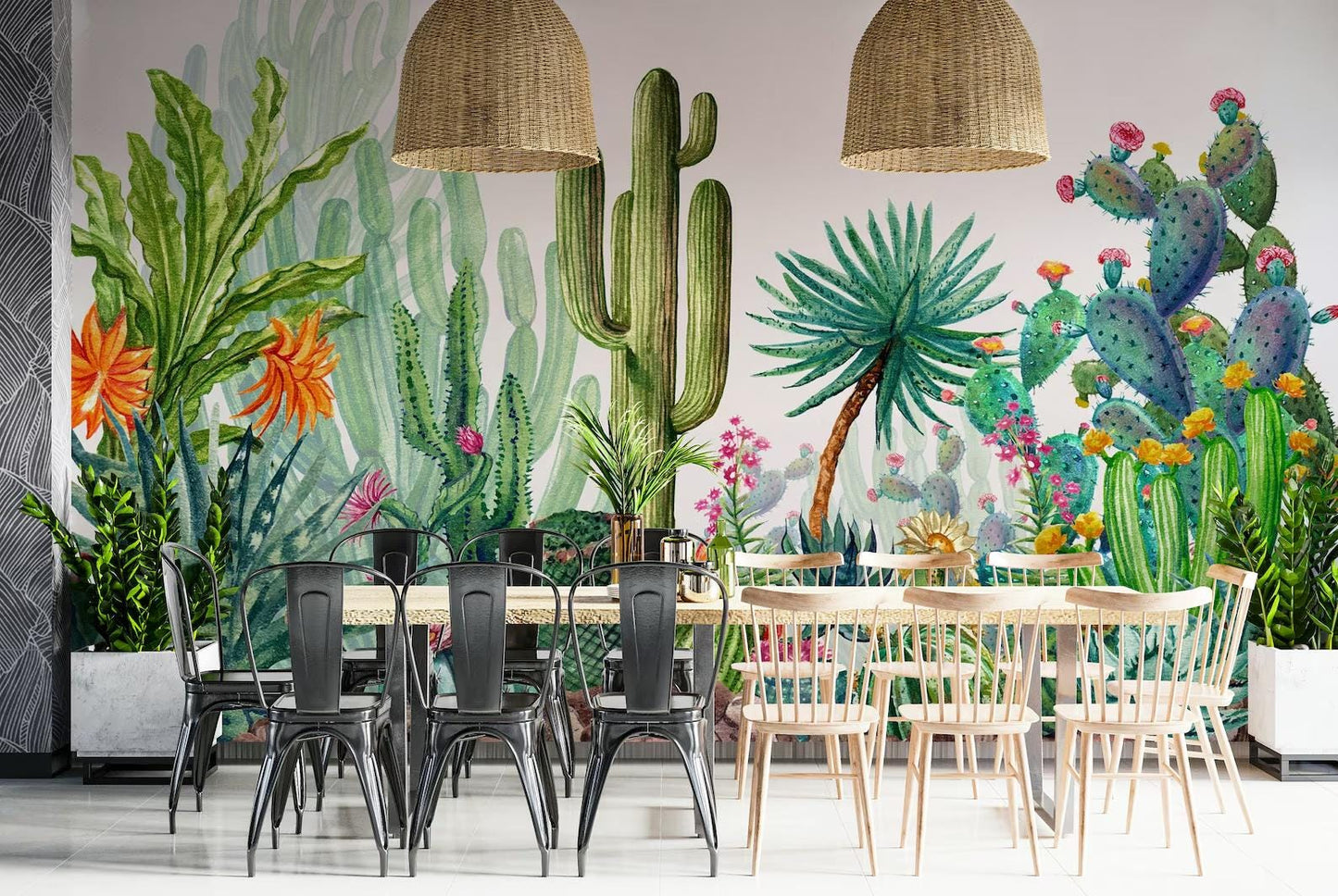 Cactus Flowers Wallpaper, Mediterranean Garden Illustration Wallpaper, Cactus Garden Wallpaper, Modern  Abstract Pattern Wallpaper