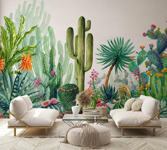 Cactus Flowers Wallpaper, Mediterranean Garden Illustration Wallpaper, Cactus Garden Wallpaper, Modern  Abstract Pattern Wallpaper