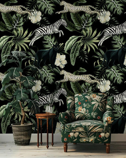 Black Panter Zebra and Leopard with Exotic Flowers in Dark Jungle Wallpaper, Black Tropical Animal Wallpaper, Botanical wallpaper