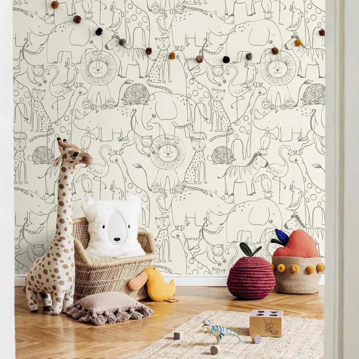 Line Art Sketch Animals Kids Wallpaper, Cute Baby Room Wallpaper, Funny Kids Room Wall Poster, Drawwing Wallpaper Nursery, School Wallpaper