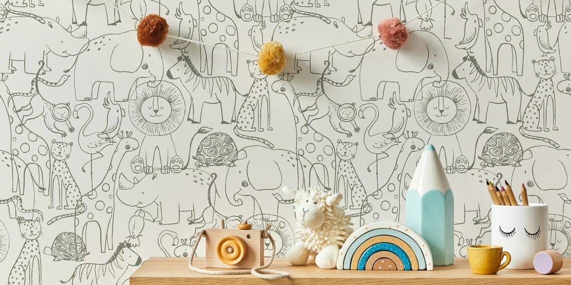 Line Art Sketch Animals Kids Wallpaper, Cute Baby Room Wallpaper, Funny Kids Room Wall Poster, Drawwing Wallpaper Nursery, School Wallpaper