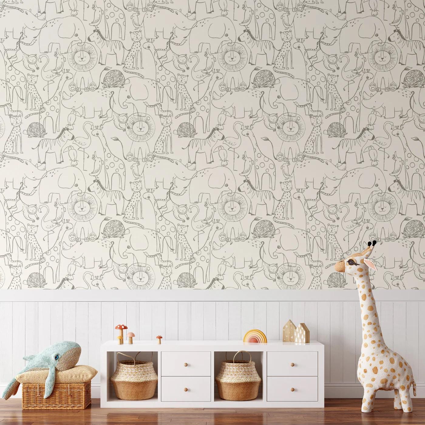 Line Art Sketch Animals Kids Wallpaper, Cute Baby Room Wallpaper, Funny Kids Room Wall Poster, Drawwing Wallpaper Nursery, School Wallpaper
