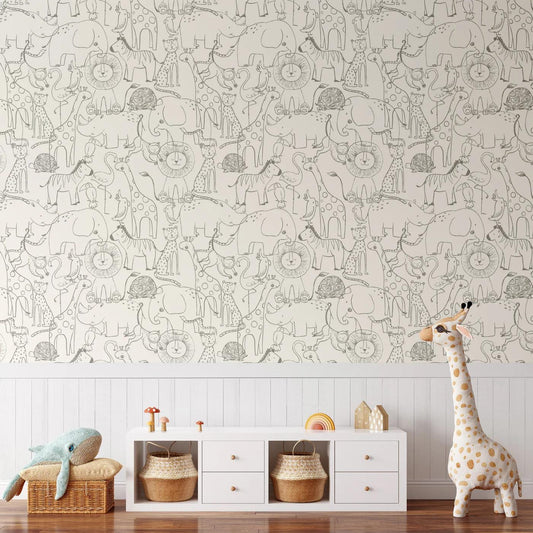 Line Art Sketch Animals Kids Wallpaper, Cute Baby Room Wallpaper, Funny Kids Room Wall Poster, Drawwing Wallpaper Nursery, School Wallpaper
