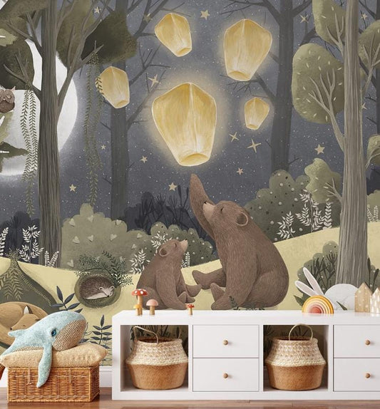 Night in the forest Fairy Tale Children's Room Wallpaper, Watercolor Wallpaper Nursery, School Mural, Cute Bears and Animals Baby Wallpaper