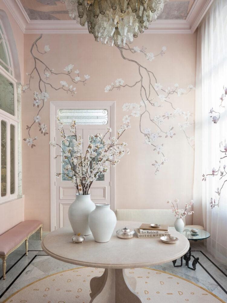 Pink Sakura Flowers Wallpaper, Floral Wallpaper, Cherry Blossoms Wall Poster, Elegance Chinoiserie Wallpaper, Vintage Romantic Wallpaper