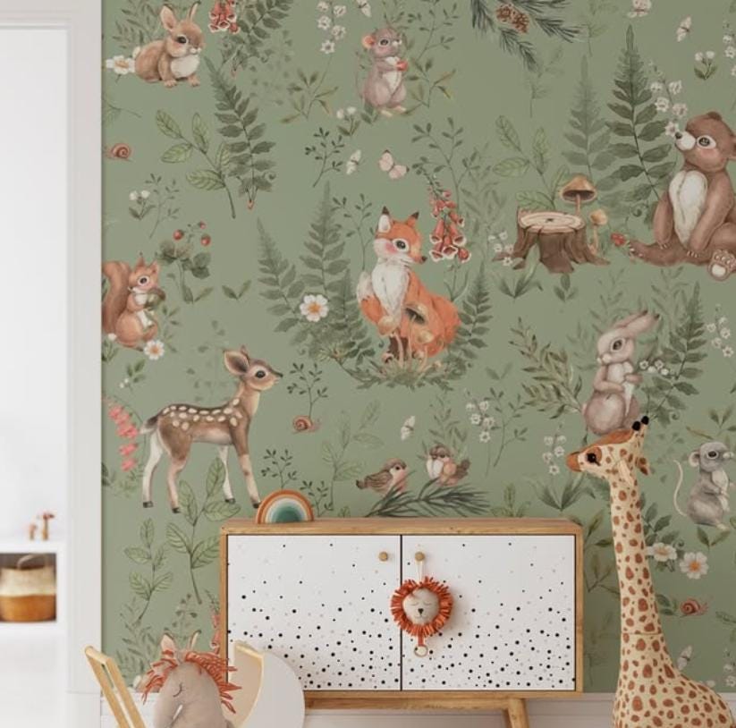 Bambi Rabbits Bear and Squirrels in Green Forest Wallpaper for Kids Room, Animals Wallpaper Nursery, Watercolor Trees Kids Wallpaper