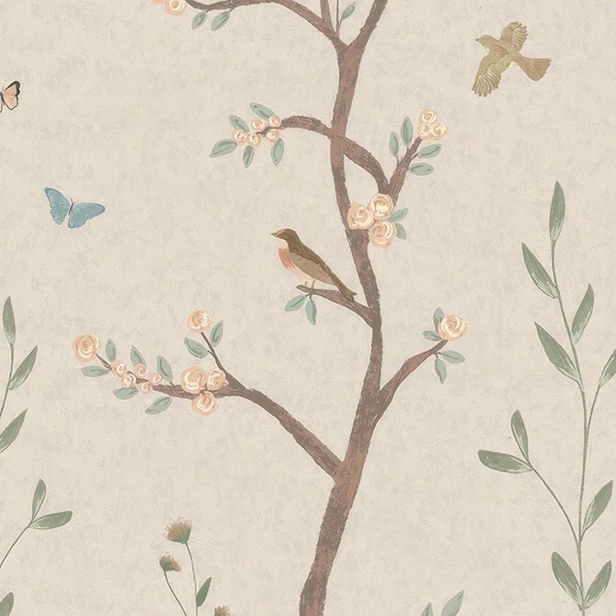 Beige Background Spring Trees Wallpaper, Birds and Butterfly Wallpaper, Spring Flowers Wallpaper, Vintage Floral Wallpaper, Bloom Wallpaper