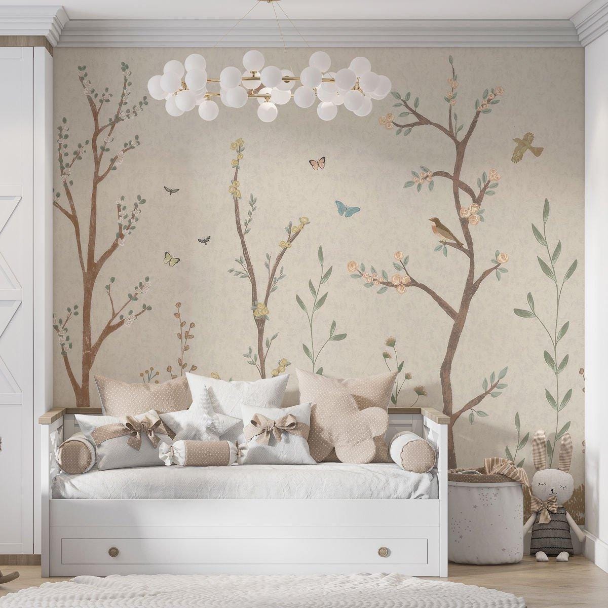 Beige Background Spring Trees Wallpaper, Birds and Butterfly Wallpaper, Spring Flowers Wallpaper, Vintage Floral Wallpaper, Bloom Wallpaper