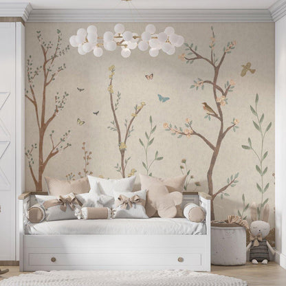 Beige Spring Trees Wall Mural | Vintage Floral Birds & Butterfly Wallpaper