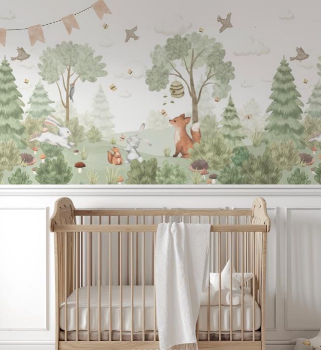 Bees Rabbits Fox Butterfly and Birds in Green Forest Wallpaper for Kids Room, Animals Wallpaper Nursery, Watercolor Trees Kids Wallpaper