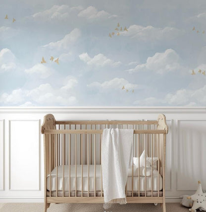 Blue Sky Wallpaper, Blue Cloud Wall Poster, Soft Blue Background Baby Room Wallpaper, Illustration Wallpaper Nursery, Baby Boy Wall Mural