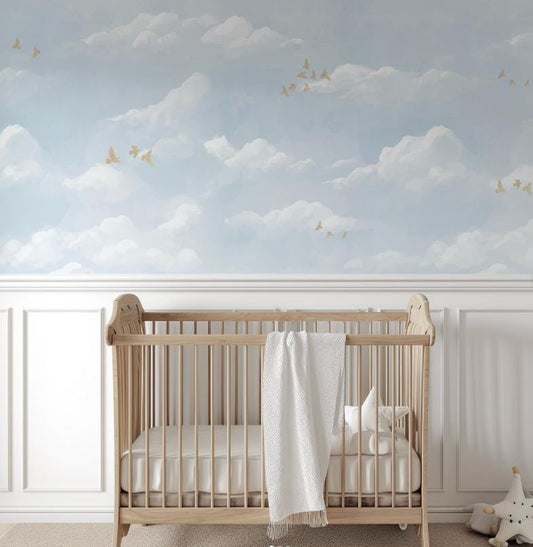 Blue Sky Wallpaper, Blue Cloud Wall Poster, Soft Blue Background Baby Room Wallpaper, Illustration Wallpaper Nursery, Baby Boy Wall Mural
