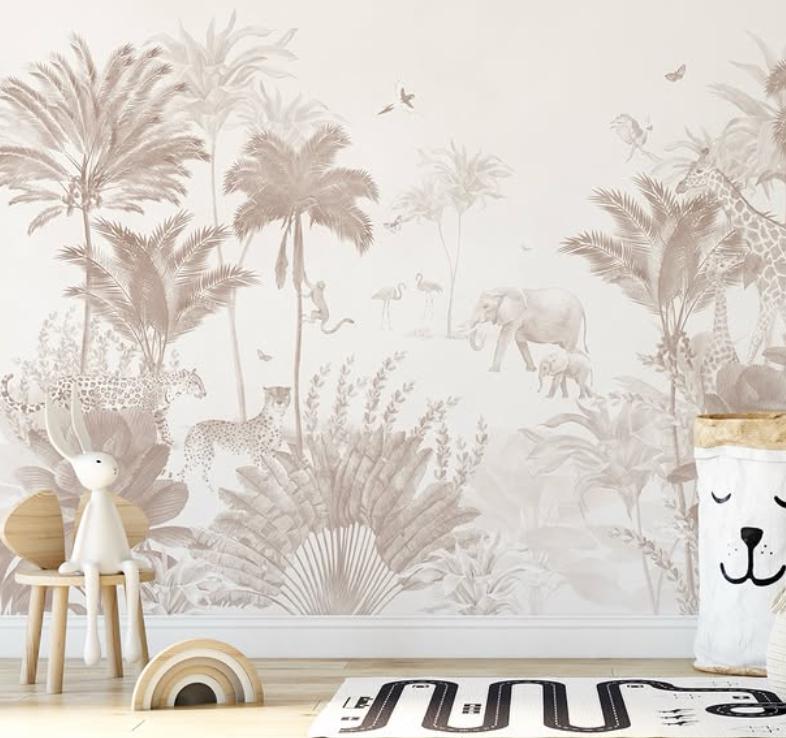 Monochrome Jungle Kidsroom Wall Poster, Soft Tones Animals Kids Wallpaper, Cute Baby Wallpaper, Drawwing Wallpaper Nursery, School Wallpaper