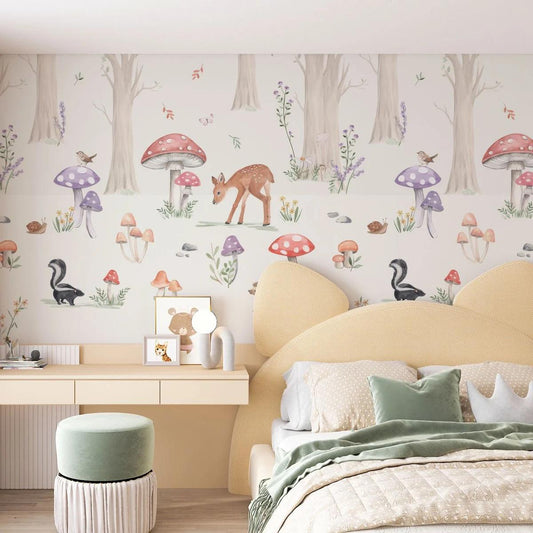 Nature Park Animals Wallpaper for Kidsroom, Gazelle Birds and Mushrooms Kids Wallpaper, Baby Wallpaper, Fairytale Forest Wallpaper Nursery
