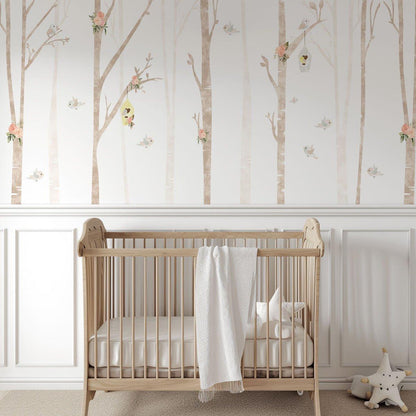 Flower Birds Nest Wallpaper for Kidsroom, Trees Wallpaper Nursery, Nature Kids Wallpaper, Forest Child Wallpaper, Drawwing Art Wallpaper