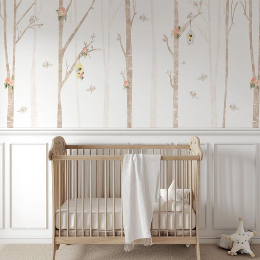 Flower Birds Nest Wallpaper for Kidsroom, Trees Wallpaper Nursery, Nature Kids Wallpaper, Forest Child Wallpaper, Drawwing Art Wallpaper