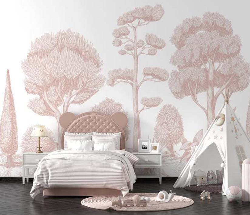 Pink Linear Trees Forest Wallpaper, Wallpaper Nursery, Nature Kids Wallpaper, Forest Child Wallpaper, Drawwing Art Wallpaper,Baby Girl Mural