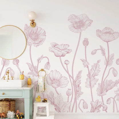Pink Sketch Large Flowers Girl Wallpaper, Flower Garden Baby Girl Wallpaper, Art Wallpaper Nursery, Watercolor Wallpaper, Flowers Wallpaper