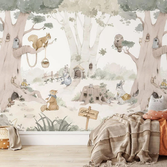Personalized Forest Village Wallpaper For Kidsroom, Cute Animals Wallpaper Nursery, Nature Childrens Wallpaper, Peel & Stick Baby Wallpaper