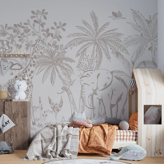 Linear Forest Wallpaper, Giraffes and Elephants Wallpaper Nursery, Nature Kids Wallpaper, Forest Child Wallpaper, Drawwing Art Wallpaper