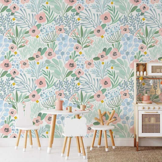 Colourful Illustration Flowers Baby Girl Wallpaper, Flower Garden Baby Girl Wallpaper, Art Wallpaper Nursery, Watercolor Floral Wallpaper