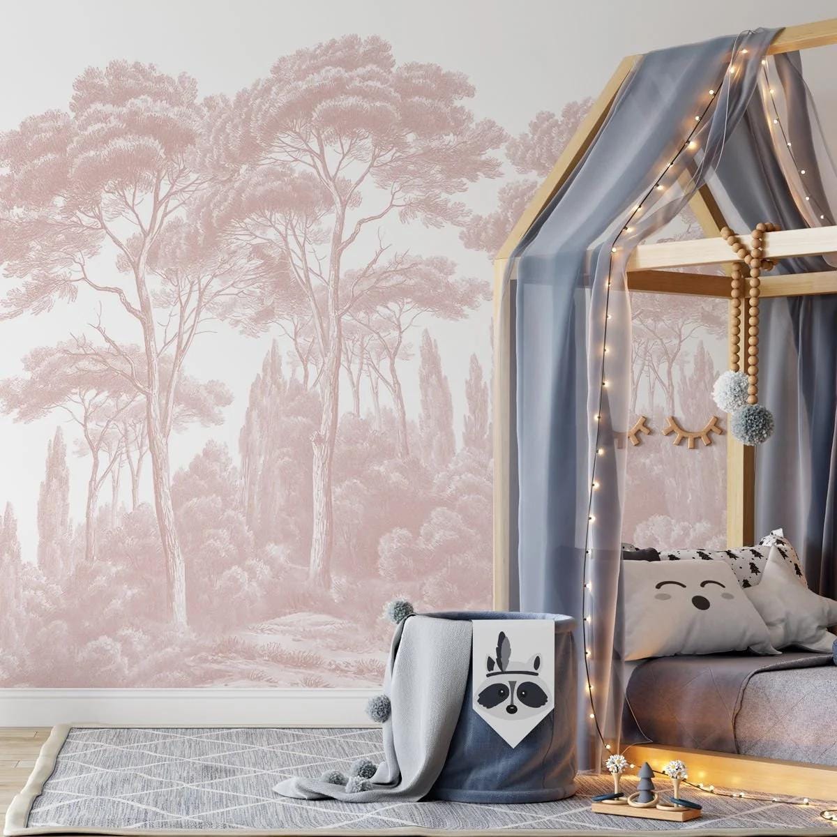 Pink Trees Girl Wallpaper, Pink Forest Baby Girl Wallpaper, Art Wallpaper Nursery, Watercolor Wallpaper, Nature Baby Room Wallpaper