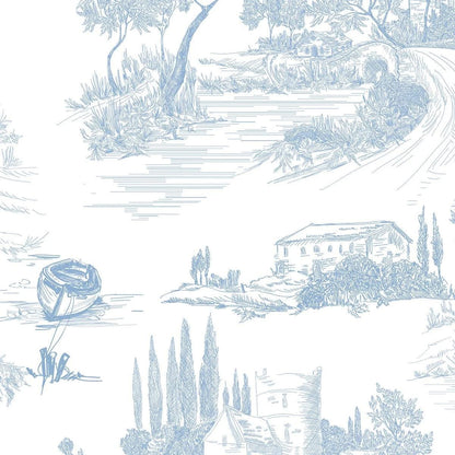 Blue Retro Pattern Wallpaper, Blue Old Town Wallpaper Nursery, Nature Wallpaper, Blue Child Wallpaper, Drawwing Art Wallpaper