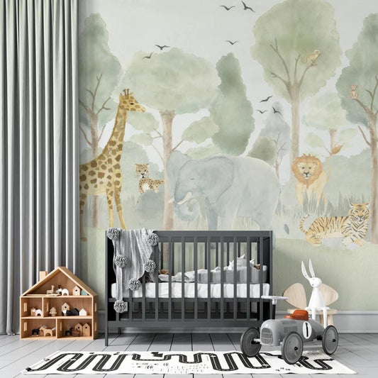 Watercolor Forest Animals Wallpaper Nursery, Nature Kids Wallpaper, Forest Child Wallpaper, Drawwing Art Wallpaper, Jungle Baby Wallpaper