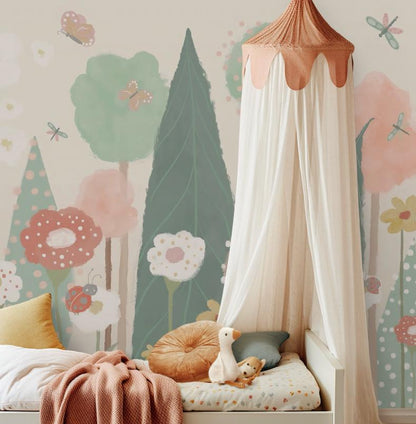 Colourful Illustration Butterflies and Flowers Baby Girl Wallpaper, Flower Garden Baby Girl Wallpaper, Watercolor Floral Wallpaper Nursery