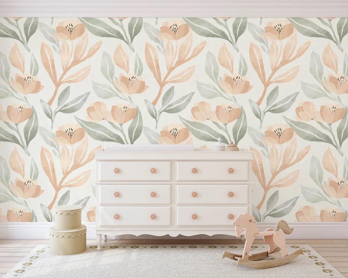 Somon Color Flowers Baby Girl Wallpaper, Flower Garden Baby Girl Wallpaper, Art Wallpaper Nursery, Watercolor Floral Wallpaper