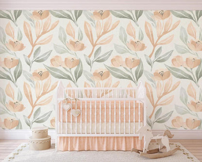 Somon Color Flowers Baby Girl Wallpaper, Flower Garden Baby Girl Wallpaper, Art Wallpaper Nursery, Watercolor Floral Wallpaper