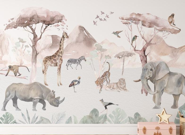 Kidsroom Art Wallpaper, Watercolor Animals Wallpaper Nursery, Nature Kids Wallpaper, Child Wallpaper, Painting Jungle Baby Wallpaper