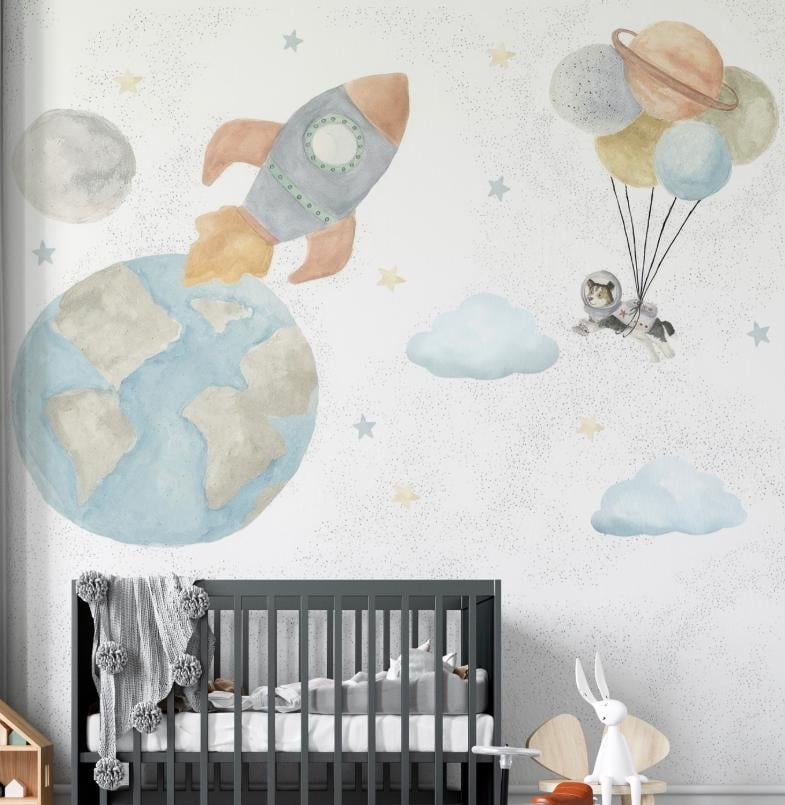 Space Themed Kids Room Wallpaper, Cute Astronaut Wallpaper Nursery, Planets and Earth Child Wallpaper, Peel and Stick Sky Baby Wallpaper,