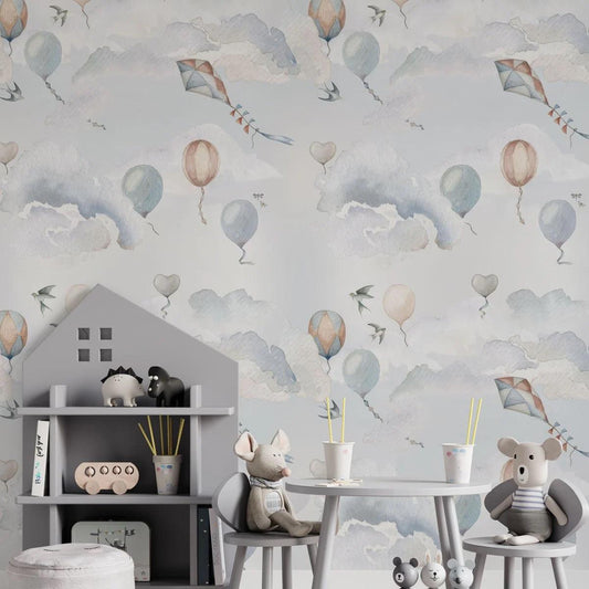 Blue and Beige Balloons in The Sky Kids Wallpaper, Blue Sky Child Wallpaper, Clouds Wallpaper Nursery, Kites Baby Boy Wallpaper