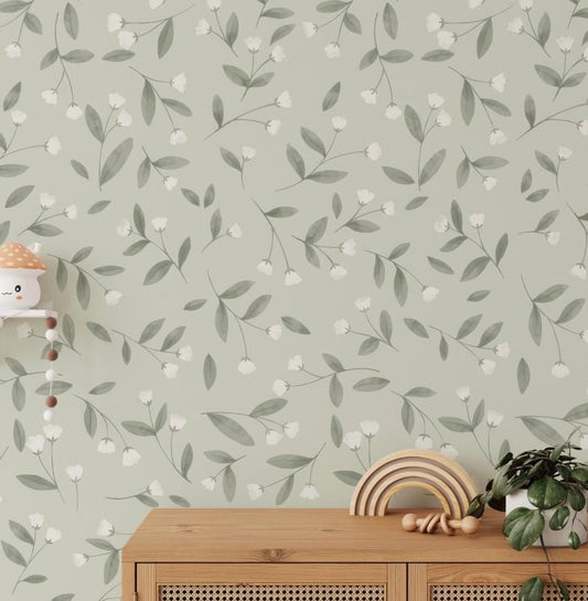 White Mini Flowers With Green leaves Kids Wallpaper, Green Wallpaper Nursery, Nature Kids Wall Mural, Peel & Stick Baby Girl Wall Poster