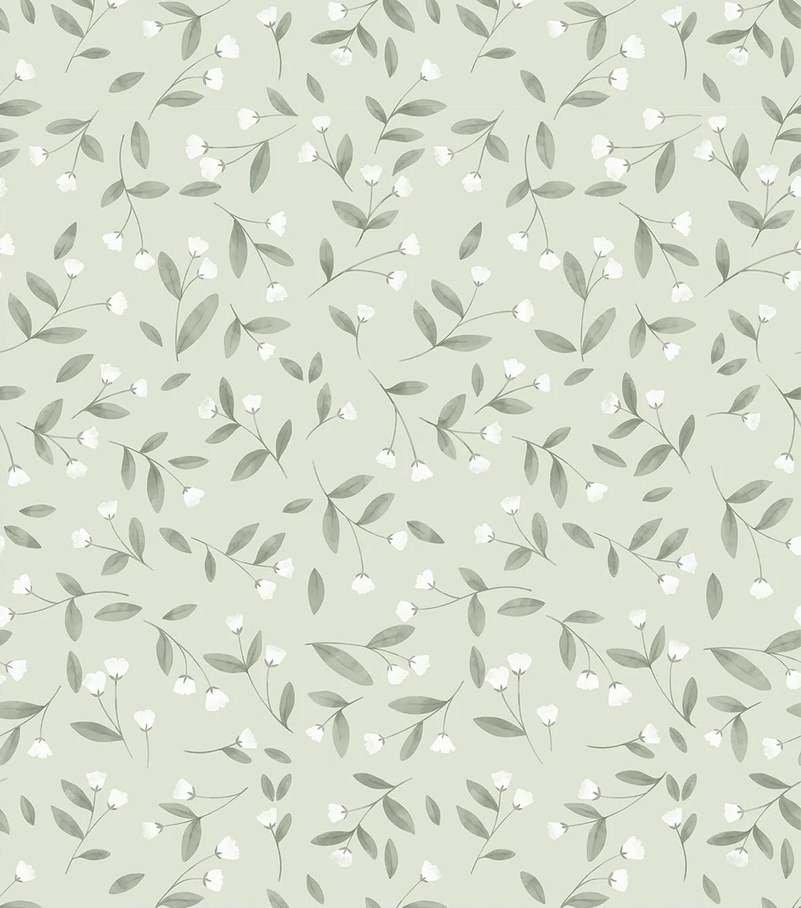 White Mini Flowers With Green leaves Kids Wallpaper, Green Wallpaper Nursery, Nature Kids Wall Mural, Peel & Stick Baby Girl Wall Poster