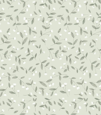 White Mini Flowers With Green leaves Kids Wallpaper, Green Wallpaper Nursery, Nature Kids Wall Mural, Peel & Stick Baby Girl Wall Poster
