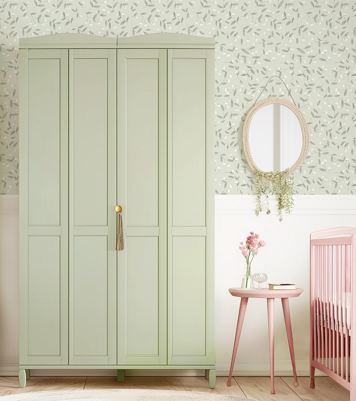 White Mini Flowers With Green leaves Kids Wallpaper, Green Wallpaper Nursery, Nature Kids Wall Mural, Peel & Stick Baby Girl Wall Poster