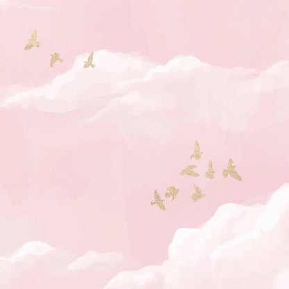 Soft Pink Sky Wallpaper, Watercolor Pink Cloud and Birds Wall Poster, Baby Girl Wallpaper, Painting Art Wallpaper Nursery