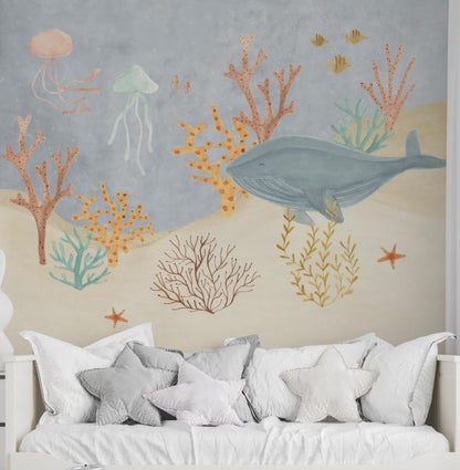 Whale Jellyfishand and Marine Plants Wallpaper, Underwater Wallpaper For Kidsroom, Sea Wallpaper Nursery, Peel & Stick Blue Wallpaper