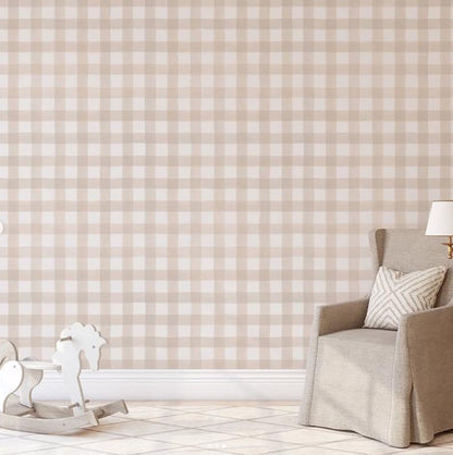 Beige Gingham Wallpaper – Neutral Checkered Farmhouse Wall Covering for Nursery