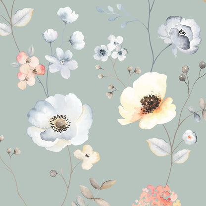 Meadow Flowers on Green Background, Flowers Baby Girl Wallpaper, Flower Garden Kids Wallpaper, Wallpaper Nursery, Watercolor Floral Mural