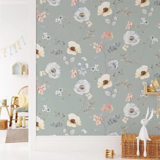 Meadow Flowers on Green Background, Flowers Baby Girl Wallpaper, Flower Garden Kids Wallpaper, Wallpaper Nursery, Watercolor Floral Mural