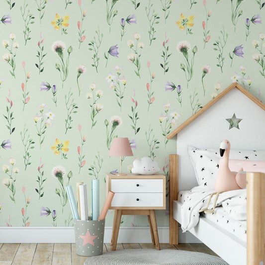 Colourful Spring Flowers on Light Green Background, Flowers Baby Girl Wallpaper, Flower Garden Wallpaper Nursery, Watercolor Floral Mural