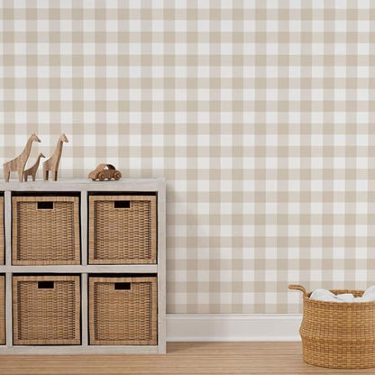 Beige Gingham Wallpaper – Neutral Checkered Farmhouse Wall Covering for Nursery