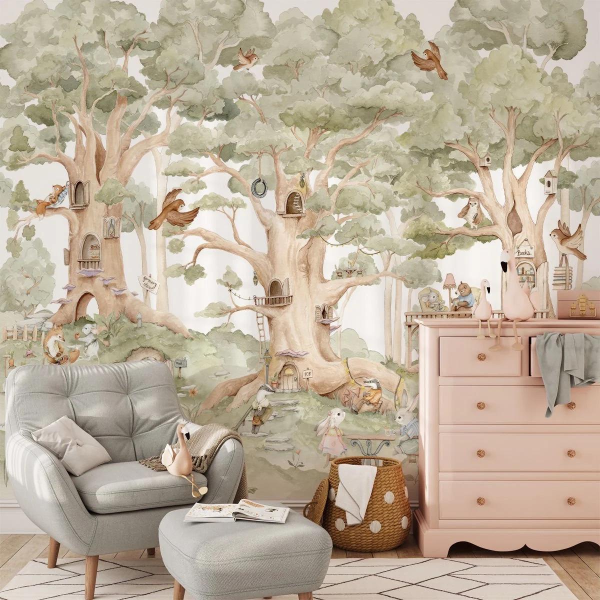 Fairytale Forest Village Kids Wallpaper, Kidsroom Art Wallpaper, Watercolor Animals Wallpaper Nursery, Nature Kids Wallpaper, Baby Wallpaper